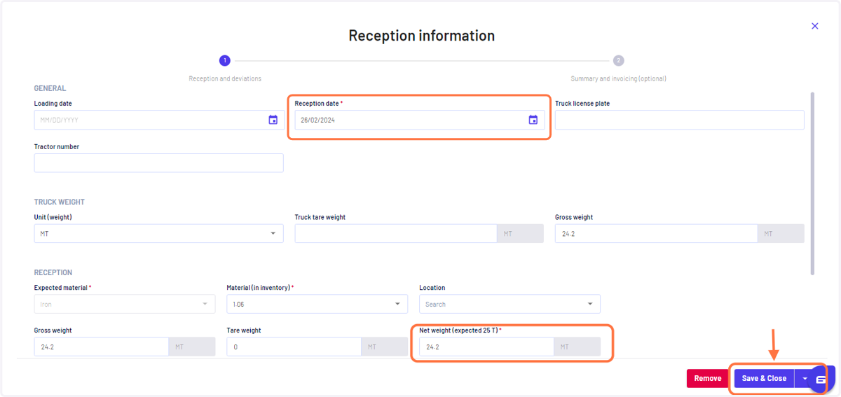 Record reception date. weight of the material, fill in other details, and click on 'Save'