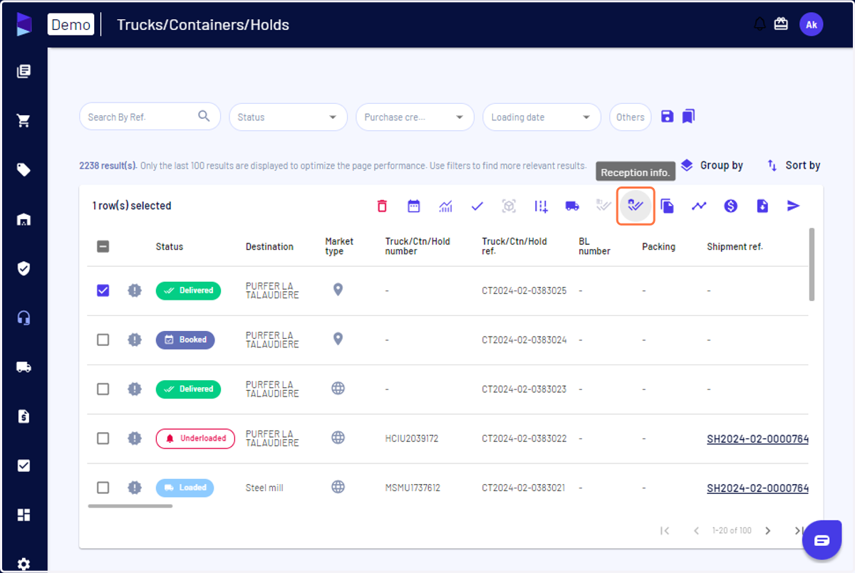 Select your truck/container and click on 'Reception info.'