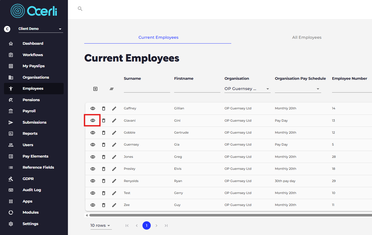 Click the eye icon next to the employee you'd like to update.