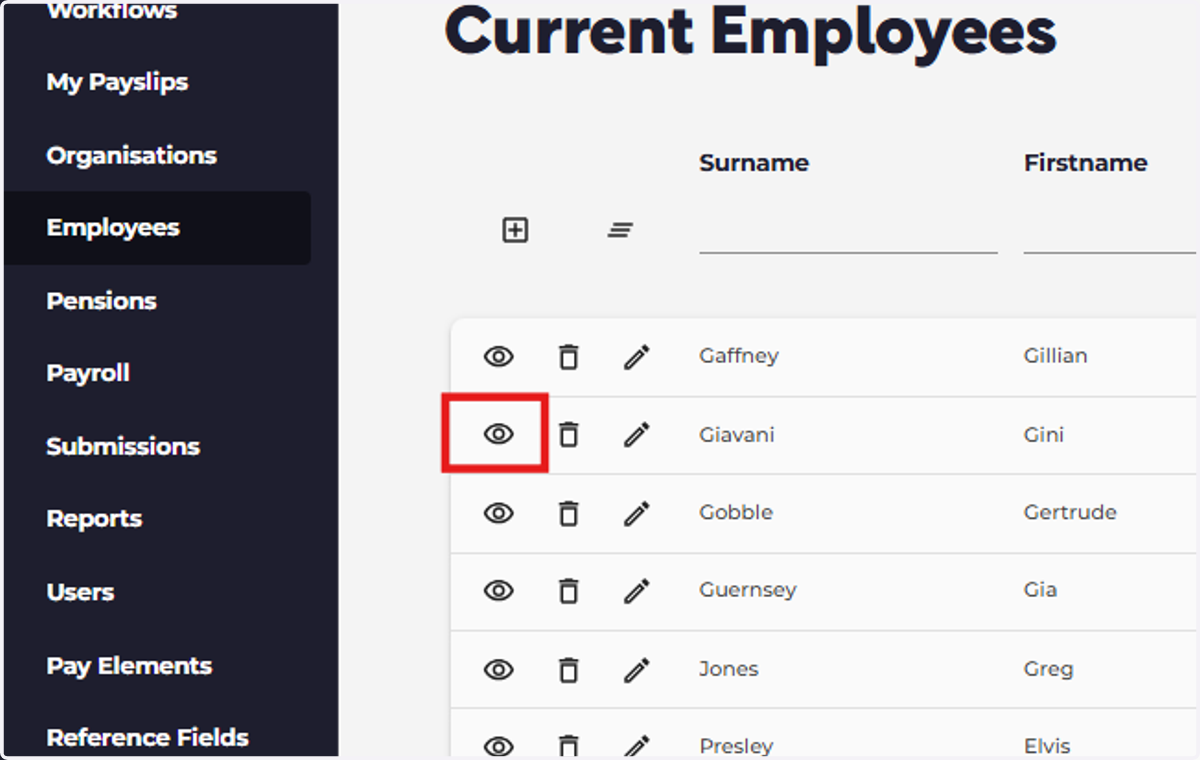Click the eye icon next to the employee you'd like to update.