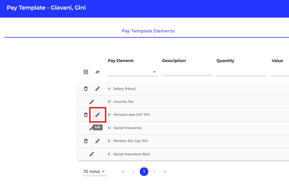 Click the pencil icon next to the pay template element you'd like to update.