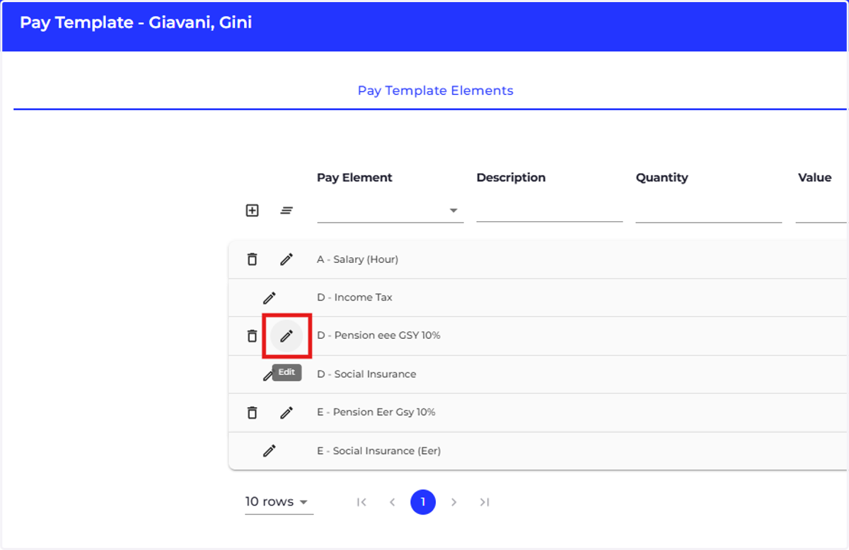 Click the pencil icon next to the pay template element you'd like to update.