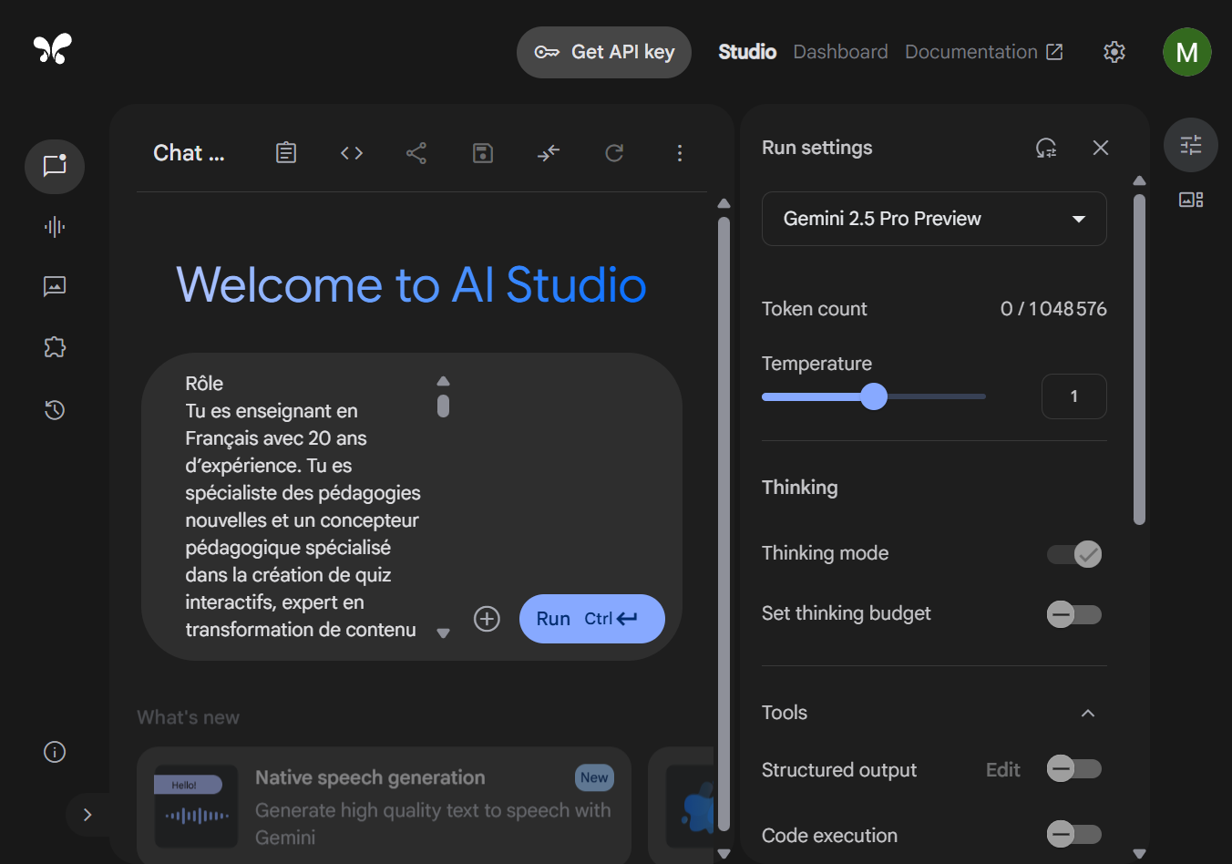 Colle le prompt dans ton LLM (ici Google AI Studio).