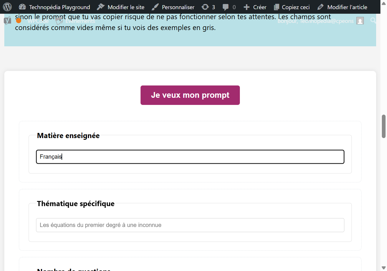 La première étape est de remplir l'ensemble des champs du formulaire dans l'article