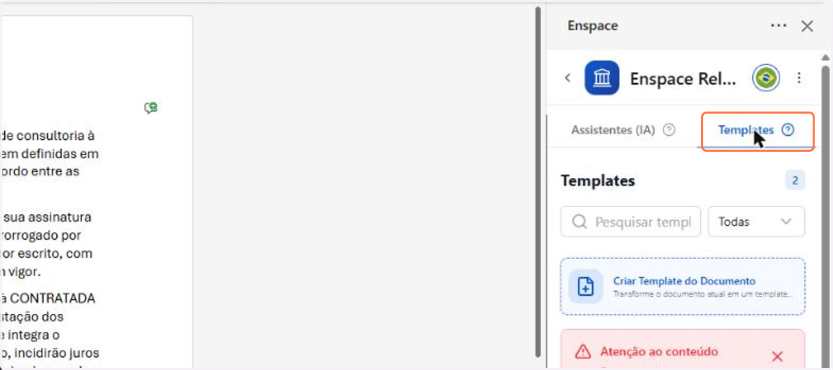 A aba Templates reúne os modelos de documento publicados no workspace, com busca e filtro por categoria. O aviso no topo lembra que aplicar um modelo substitui todo o conteúdo do documento