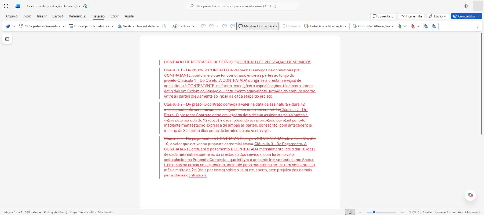 Sugestões do agente como marcas de revisão do Word