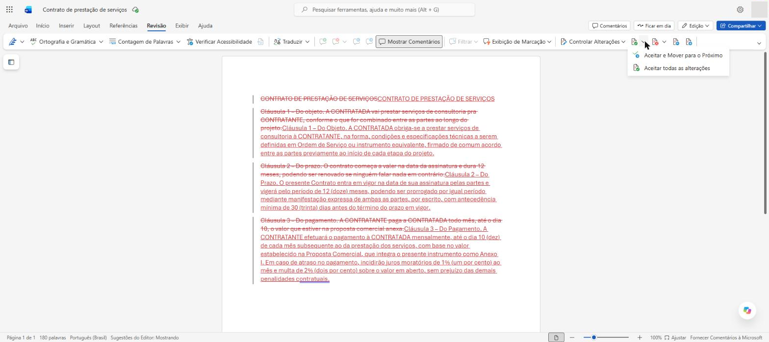 Botões Aceitar e Rejeitar na guia Revisão do Word