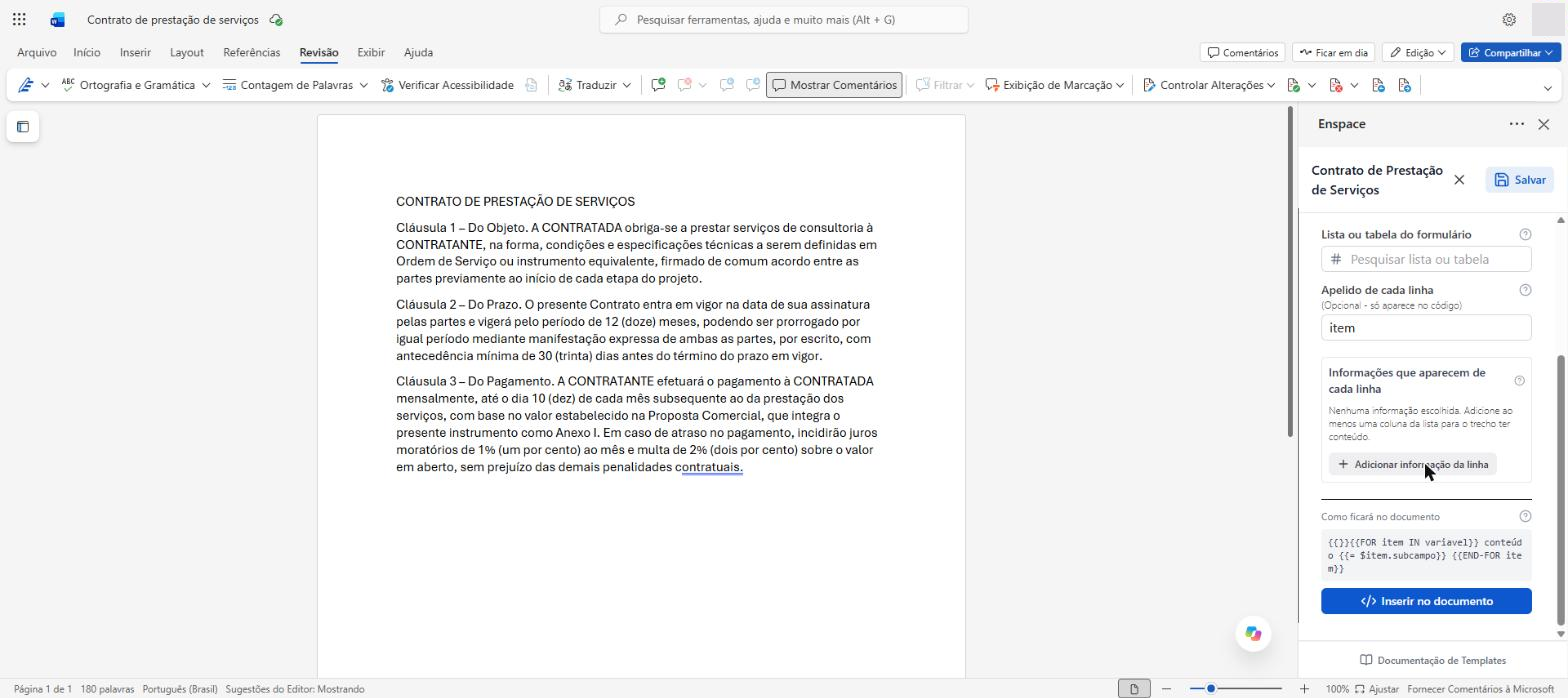 Bloco Repetir um trecho, com apelido da linha e informações de cada linha