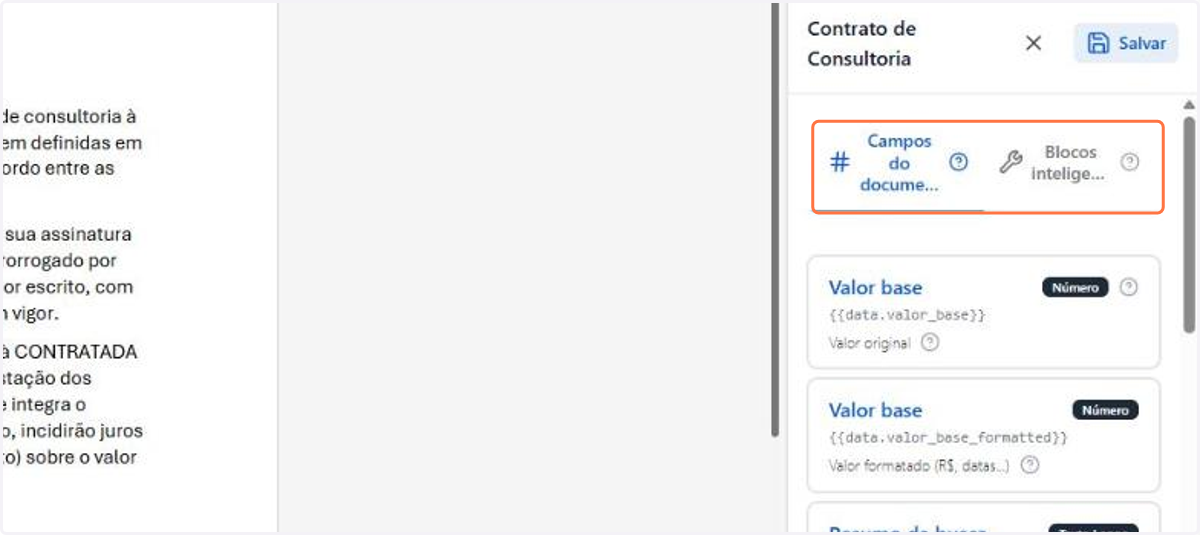 O editor do template abre com duas abas: Campos do documento, para as variáveis, e Blocos inteligentes, para as condições e repetições
