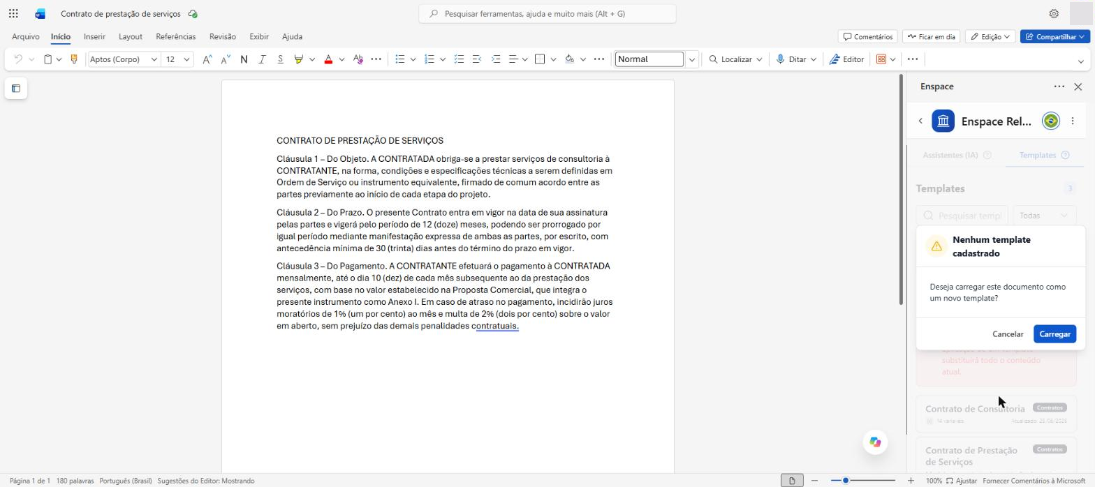Confirmação de Carregar o documento no template
