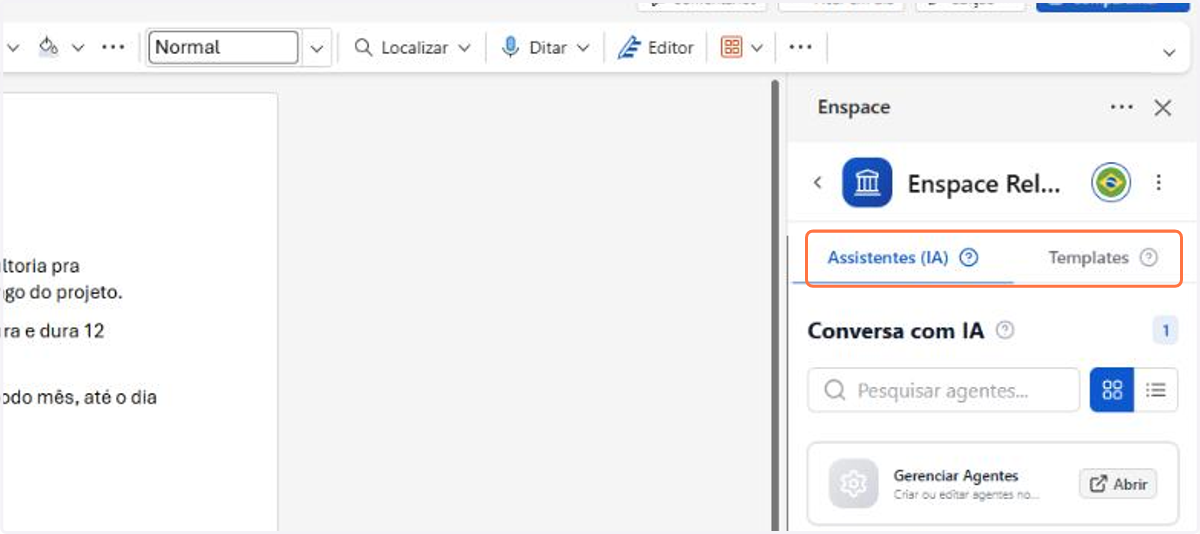 A aba Assistentes (IA) reúne os agentes de I.A do workspace, e a aba Templates, os modelos de documento