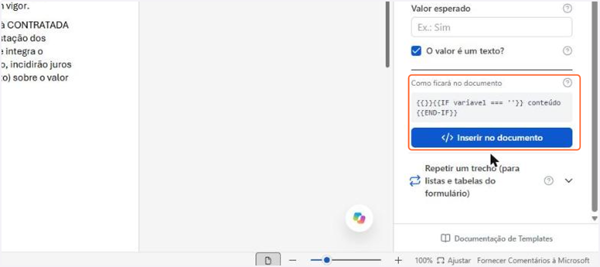 O quadro Como ficará no documento mostra a estrutura que será gerada. Clique em Inserir no documento para colocá-la na posição do cursor