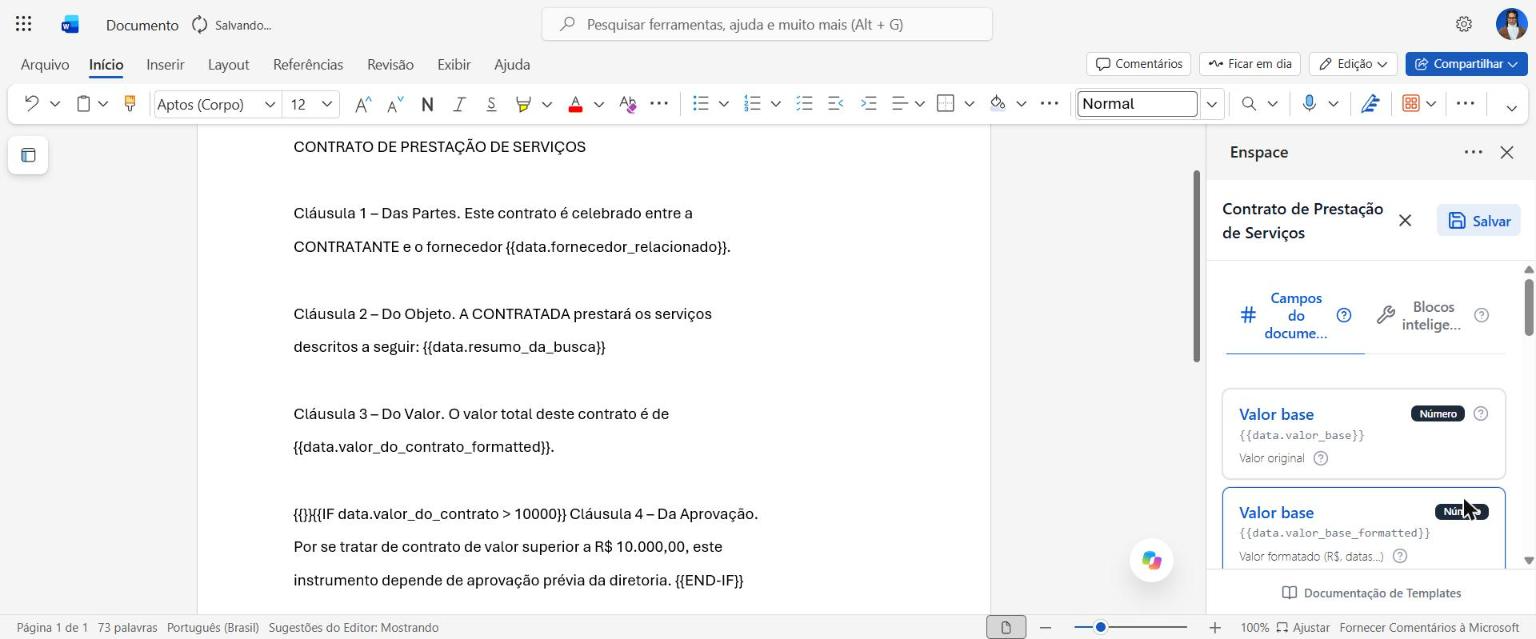 Corpo do modelo no documento, com as variáveis como marcações