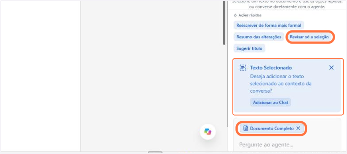 O chip Documento Completo indica que o agente vai ler o documento inteiro. Ao selecionar um trecho, o painel oferece Adicionar ao Chat, e a ação rápida Revisar só a seleção limita a revisão ao que está marcado