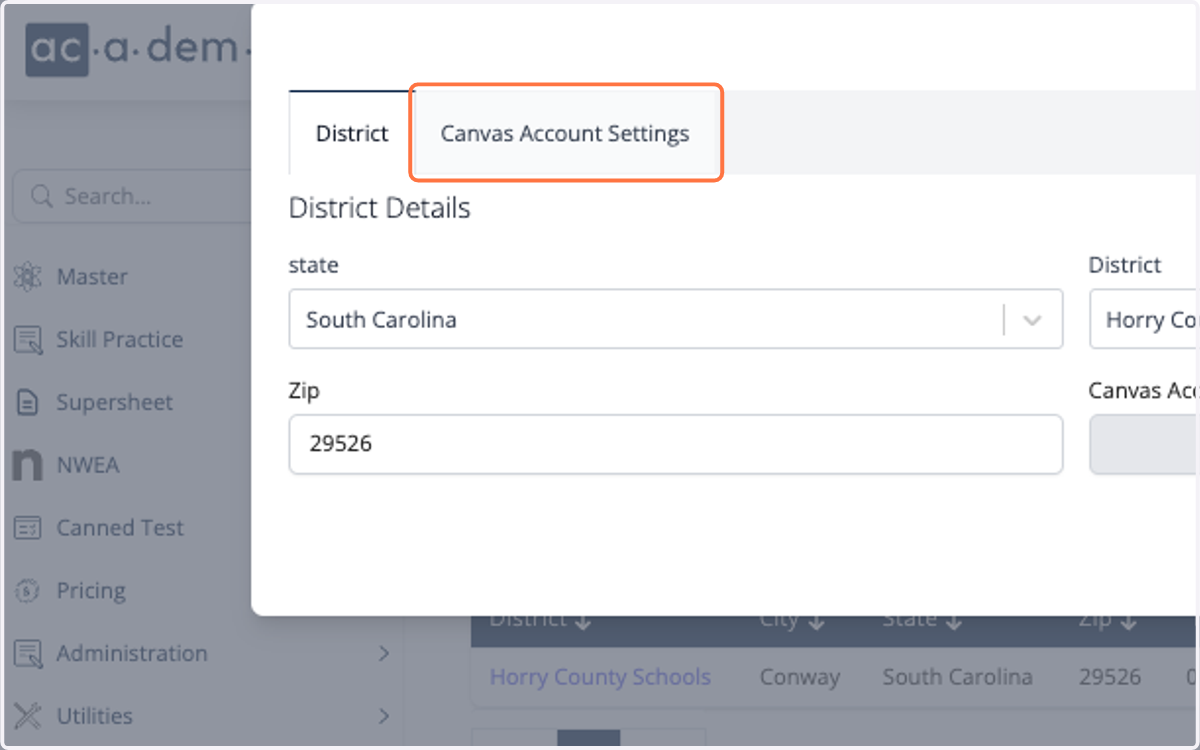 Click on the Canvas Account Settings tab
