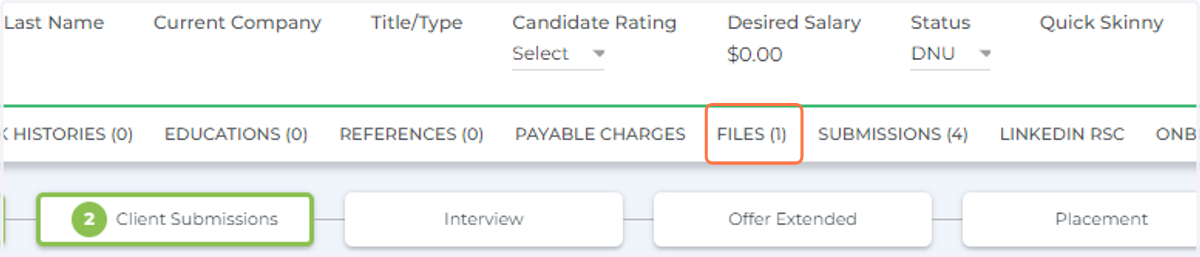 In the Candidate Record, go to the Files tab