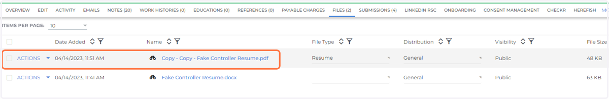 After you hit Save, go back to the Candidate Record files and the new PDF resume will appear