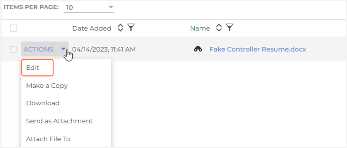 For the Resume you would like to Edit, Click on the Actions dropdown and choose Edit