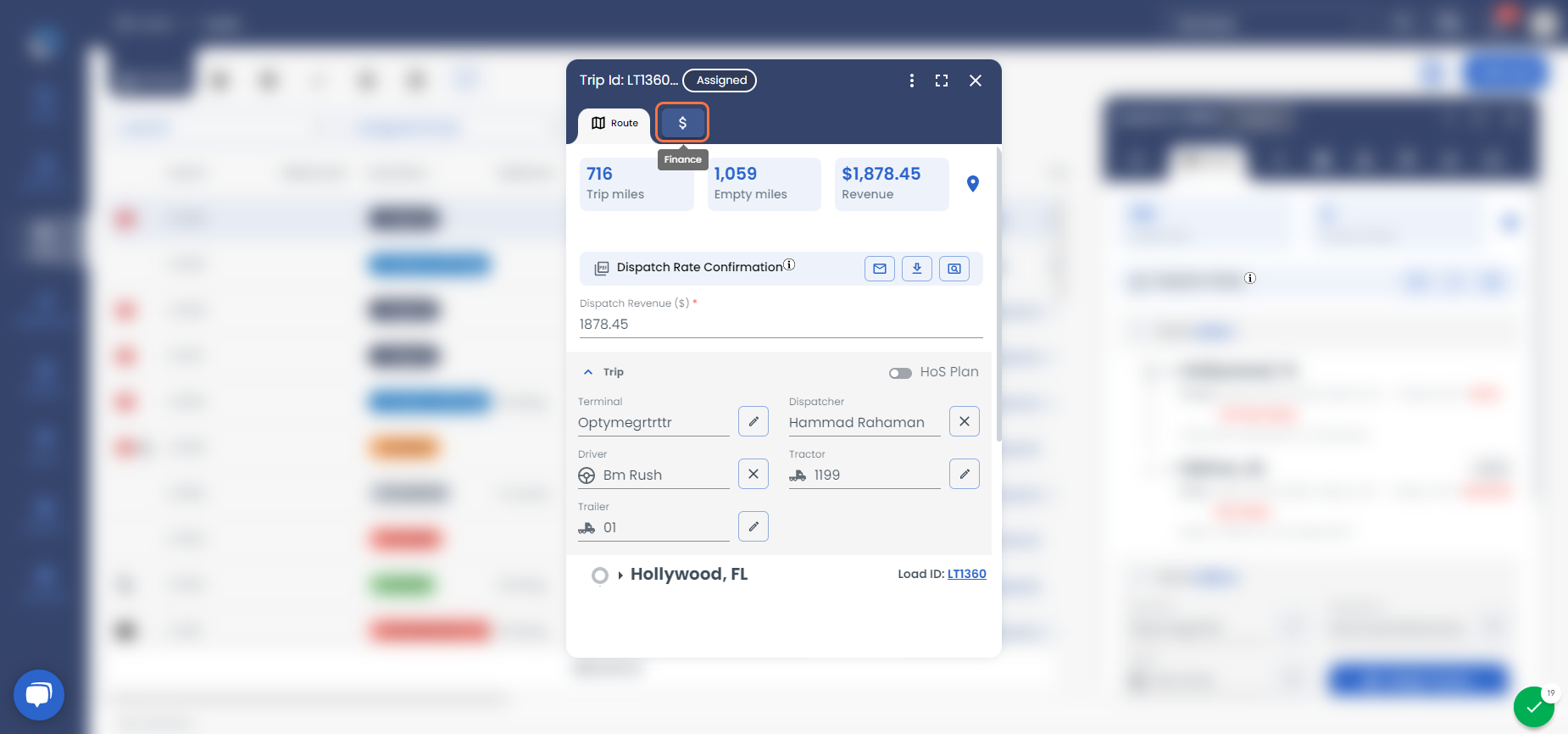 Click on Finance to get the financial details for the Trip-1