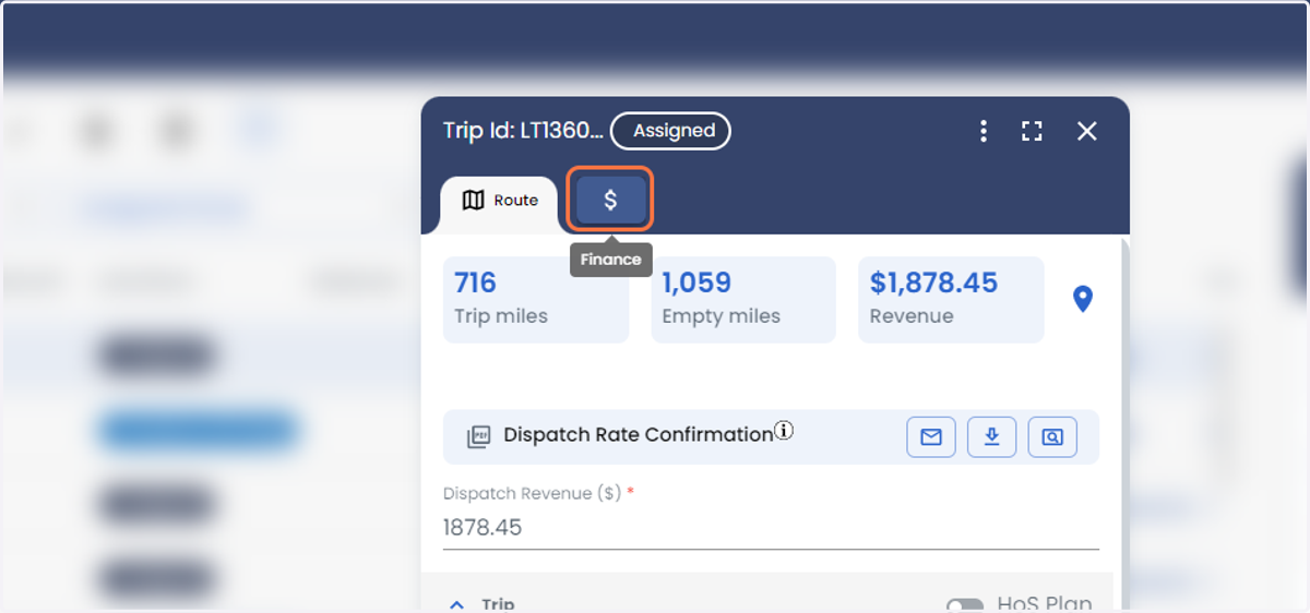 Click on Finance to get the financial details for the Trip-1