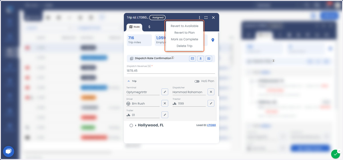 You can click on the three vertical dotted lines to get the option (Note: the option work only for the particular Trip-1)