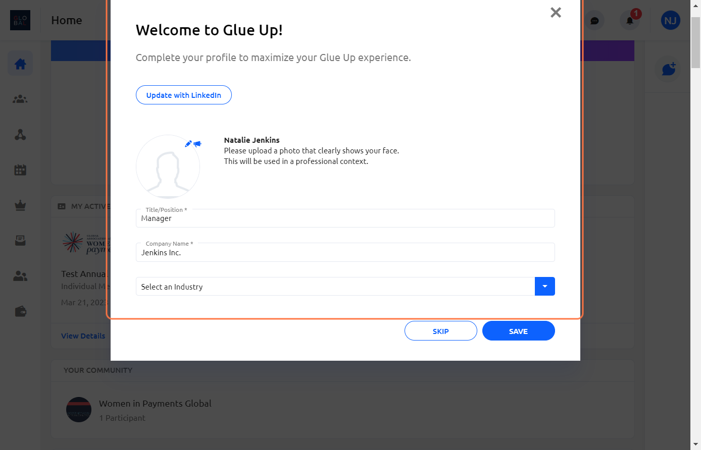 On your first login, you will see a profile pop-up. Enter your information and click SAVE.