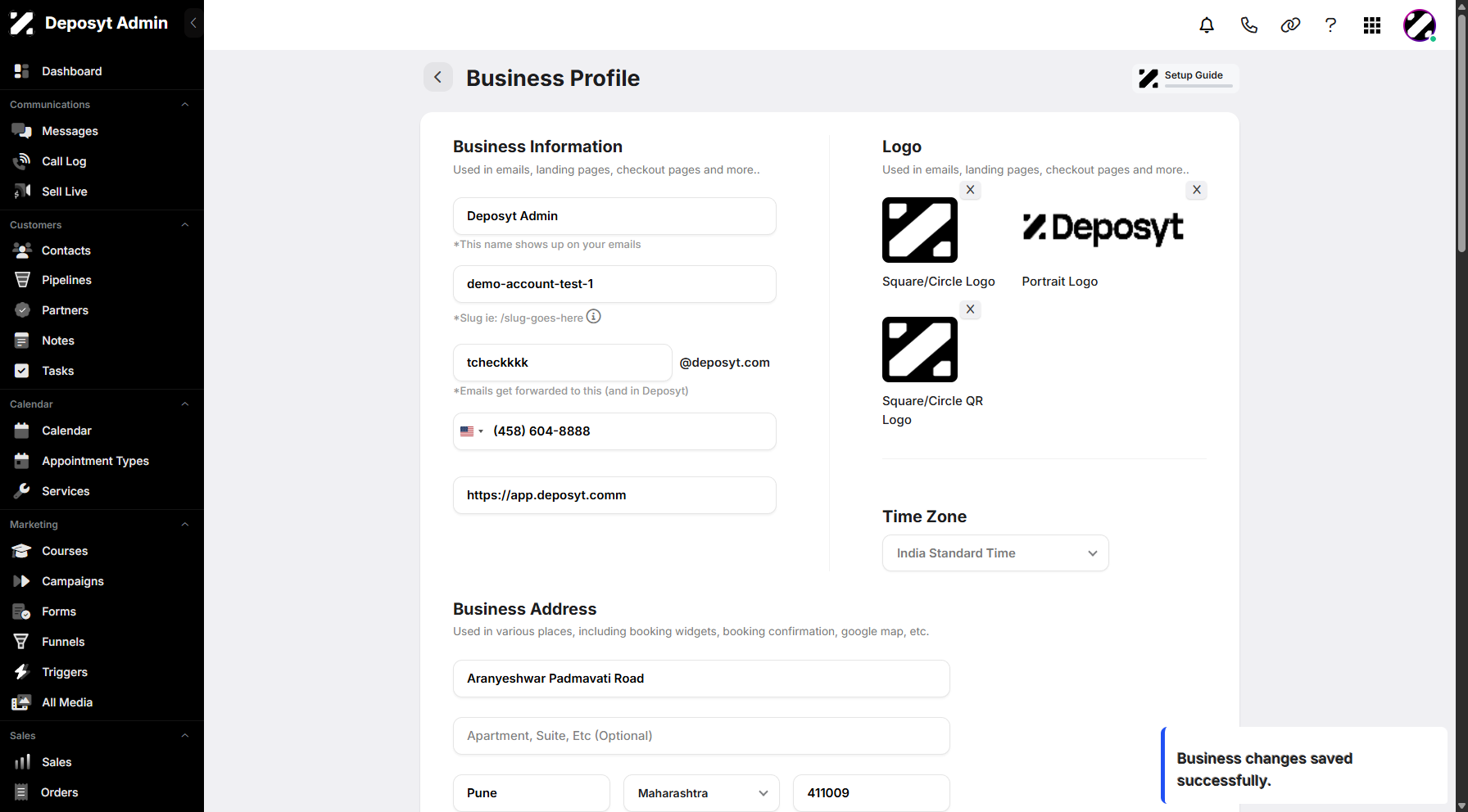 Step 12: You will see a pop-up notification confirming that the business changes have been saved successfully.