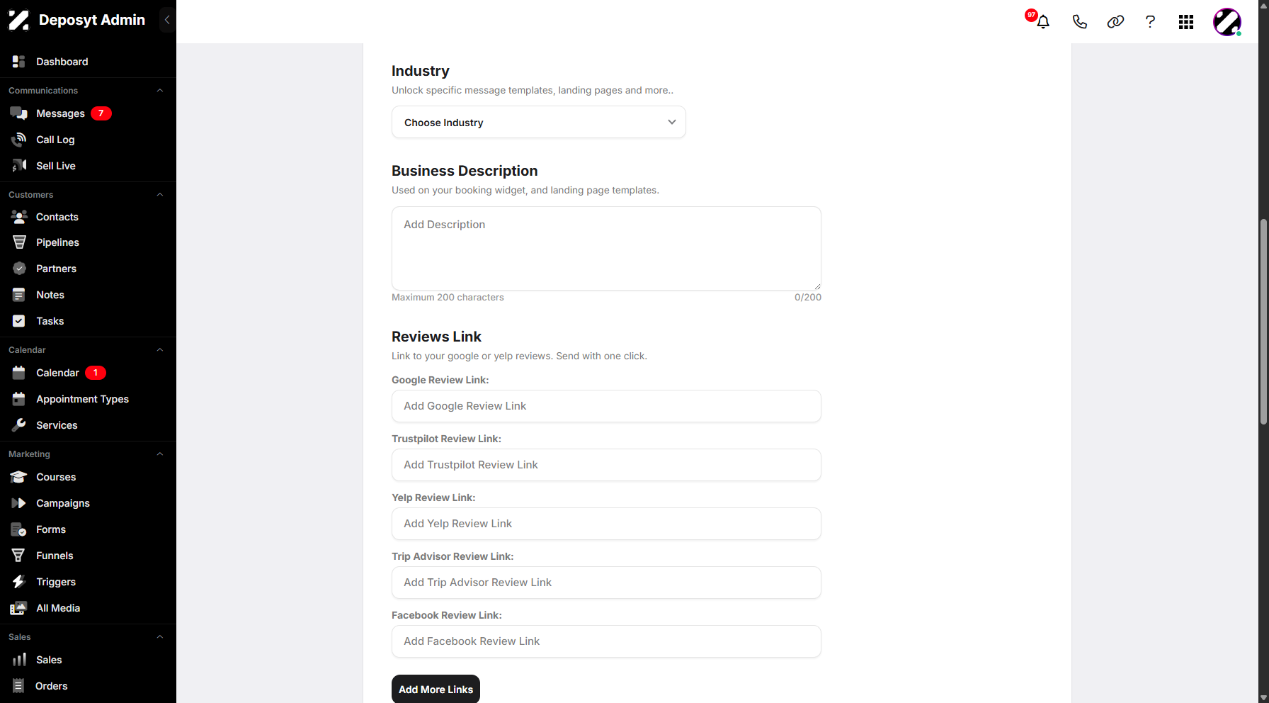 Step 8: Next is the Industry dropdown menu, where you can select your business industry. You may also provide a business description and review links.