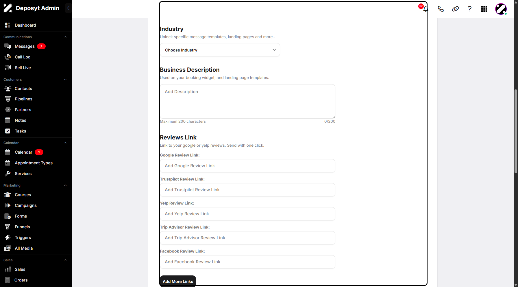 Step 8: Next is the Industry dropdown menu, where you can select your business industry. You may also provide a business description and review links.