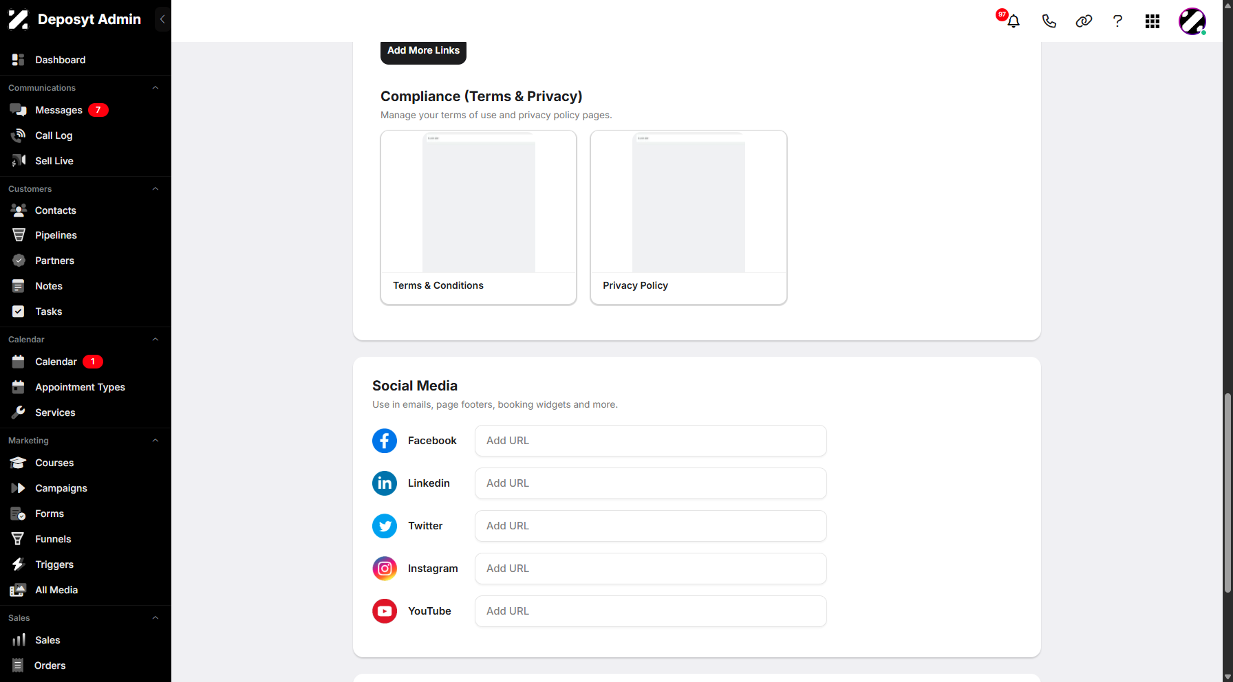 Step 9: You can also manage your Terms of Use and Privacy Policy pages. Additionally, you can insert your business social media URLs, which can be used in emails, page footers, booking widgets, and more.