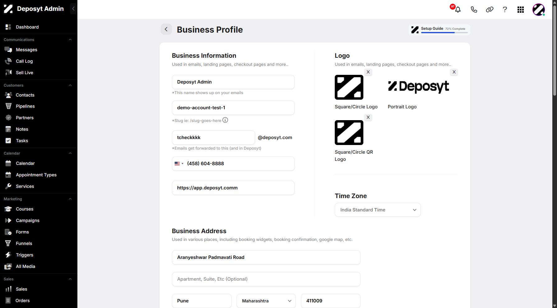 Step 6: You will be taken to the Business Profile, where you can manage your business information, including business name, slug, email, phone number, company website, and logo. You can also update the time zone and business address.
