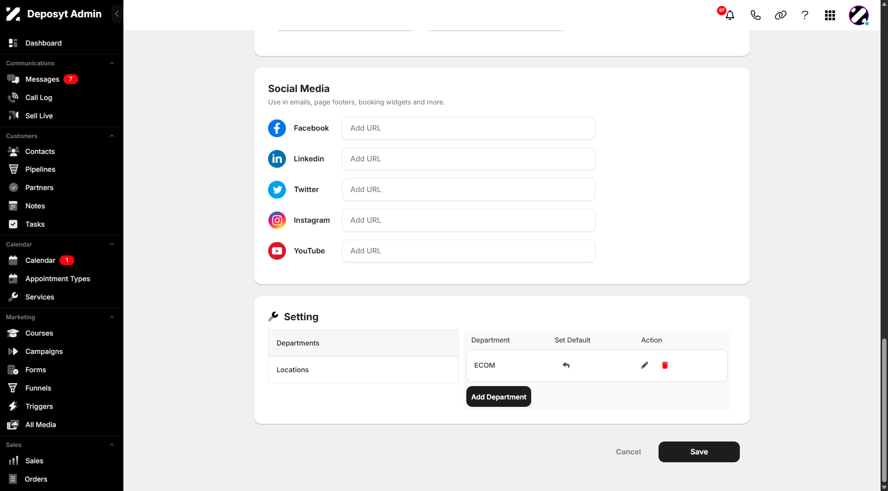 Step 10: Lastly, the Settings section, where you can set your default department and locations. You can also create, edit, or delete entries as needed.