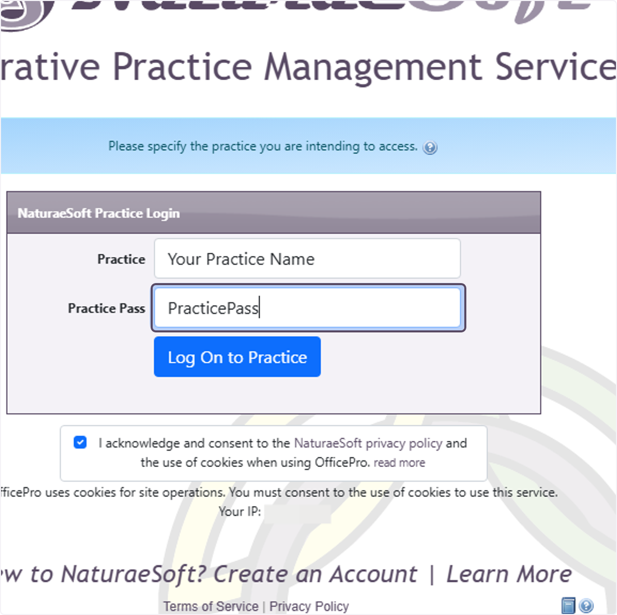 Enter the "Practice Pass" that you were provided for your account.