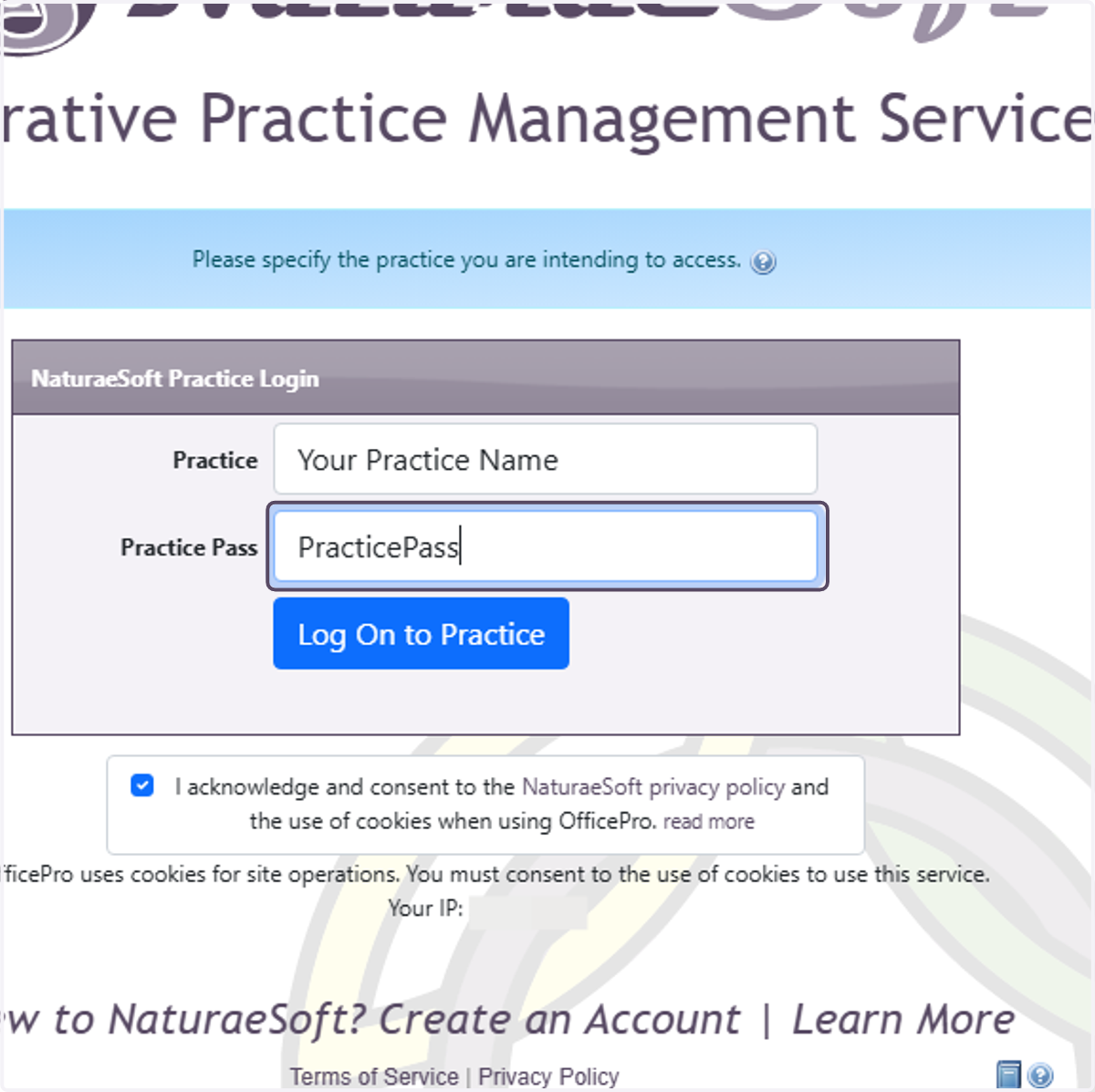 Enter the "Practice Pass" that you were provided for your account.