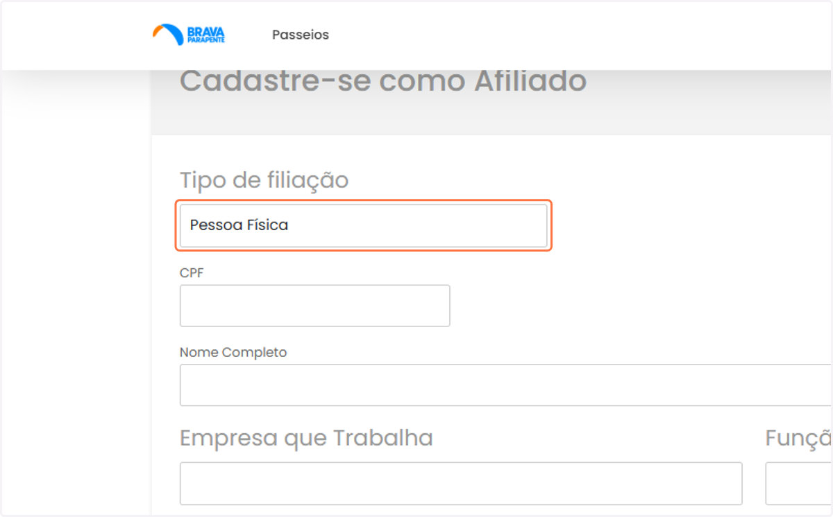 Selecione o tipo de afiliação