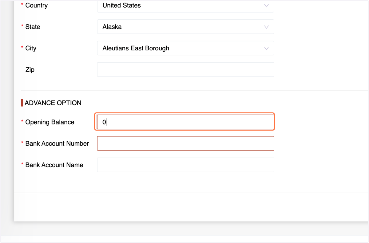 Enter the opening balance (if migrating from another system) or set it to zero.
