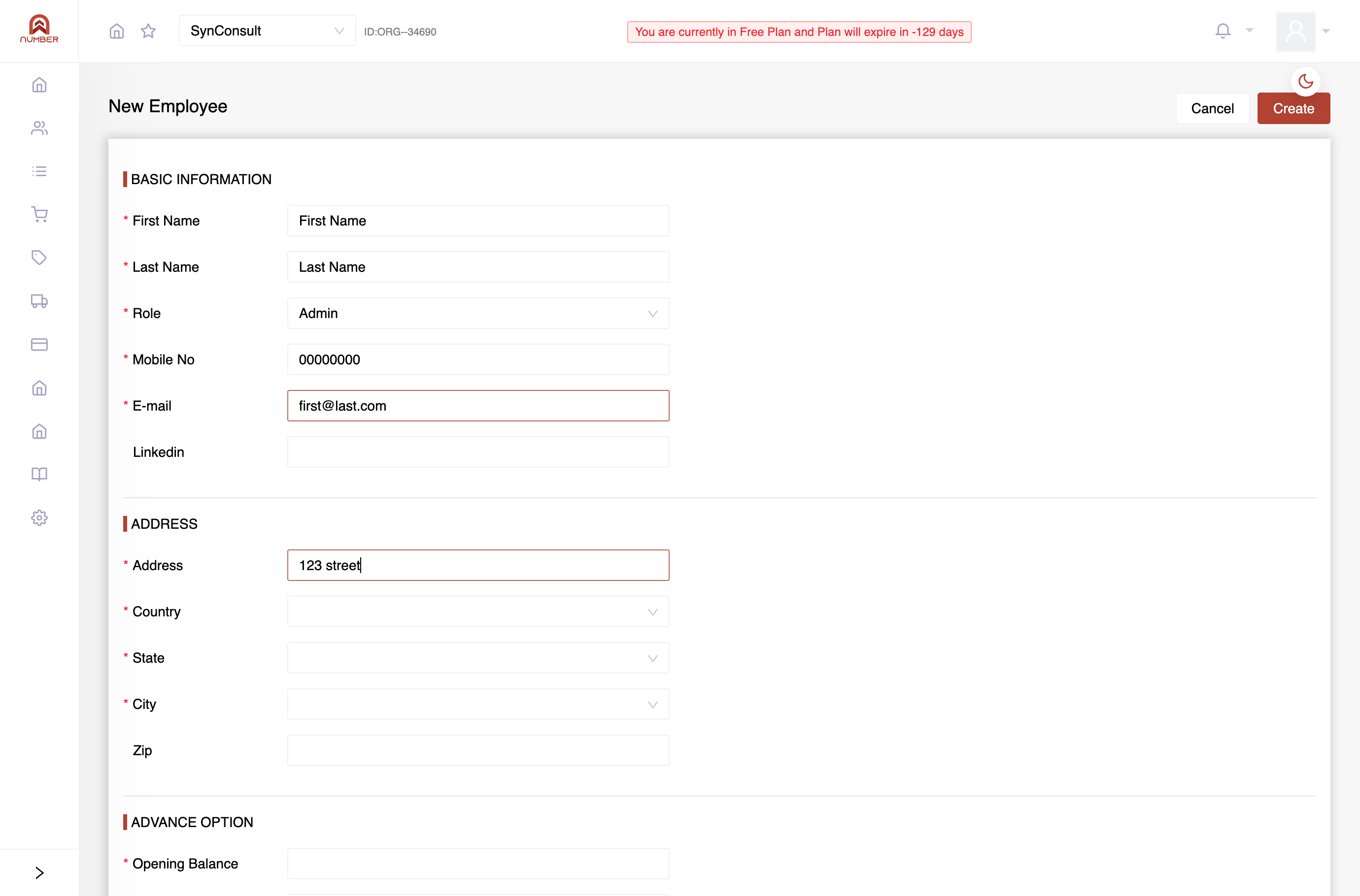 Address details (country, state, city, zip