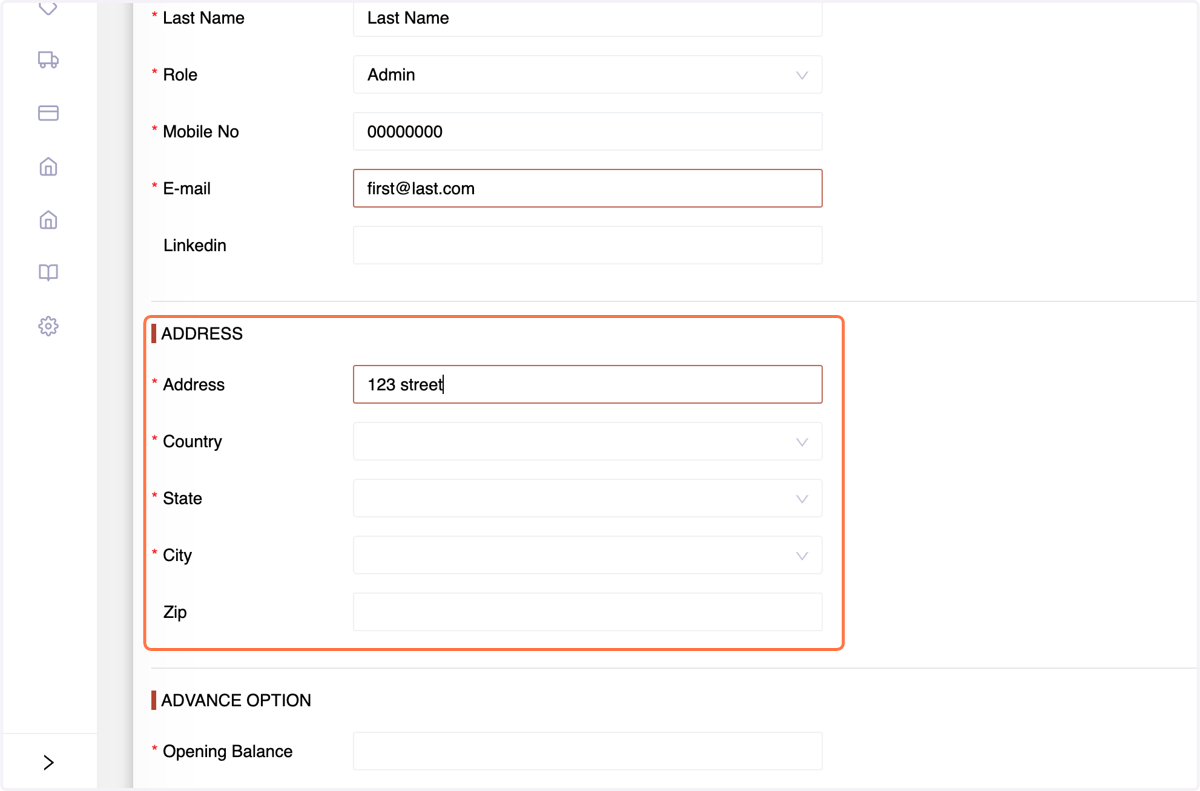 Address details (country, state, city, zip
