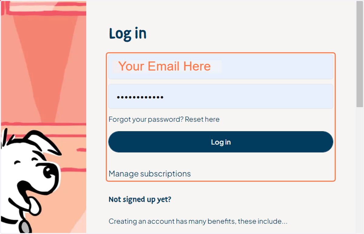 Type your account email address and password