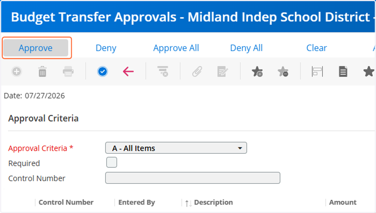 Click on Approve and you will get a green arrow pop up next to the approved line item OR DENY and you will get a red check X.