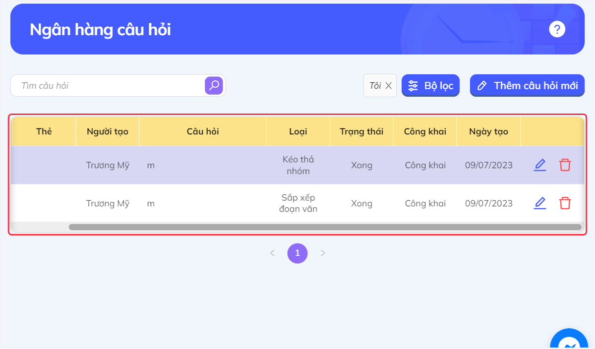 Câu hỏi mới sẽ được thêm vào trong ngân hàng câu hỏi. Để chỉnh sửa chọn biểu tượng bút chì, để xóa chọn biểu tượng thùng rác.