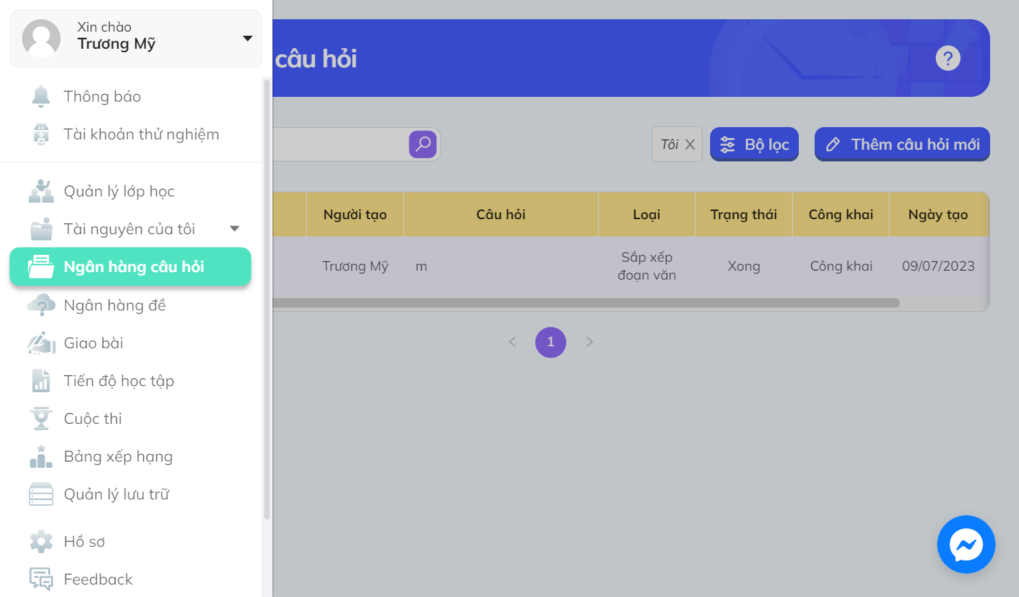 Nhấn chọn "Ngân hàng câu hỏi"