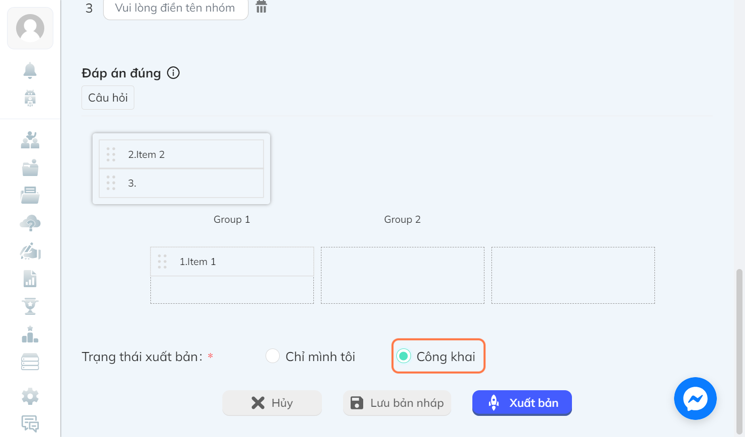 Nhấn chọn "Công khai" để công khai câu hỏi