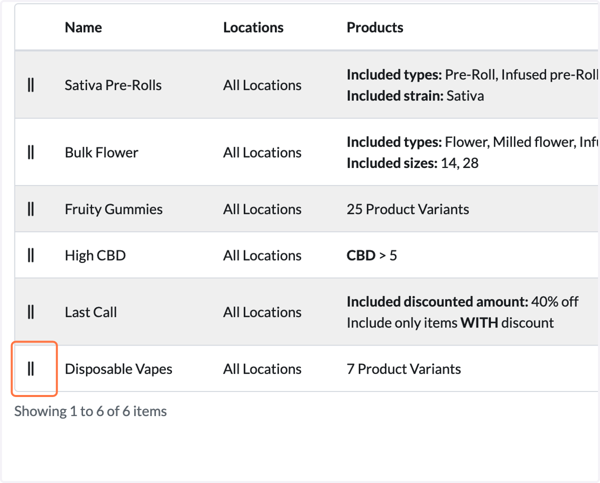Optional: To add visibility to your Collection, you can move the Disposable Vapes collection higher on the list. Click and drag the ' || ' icon to move the Collection.
