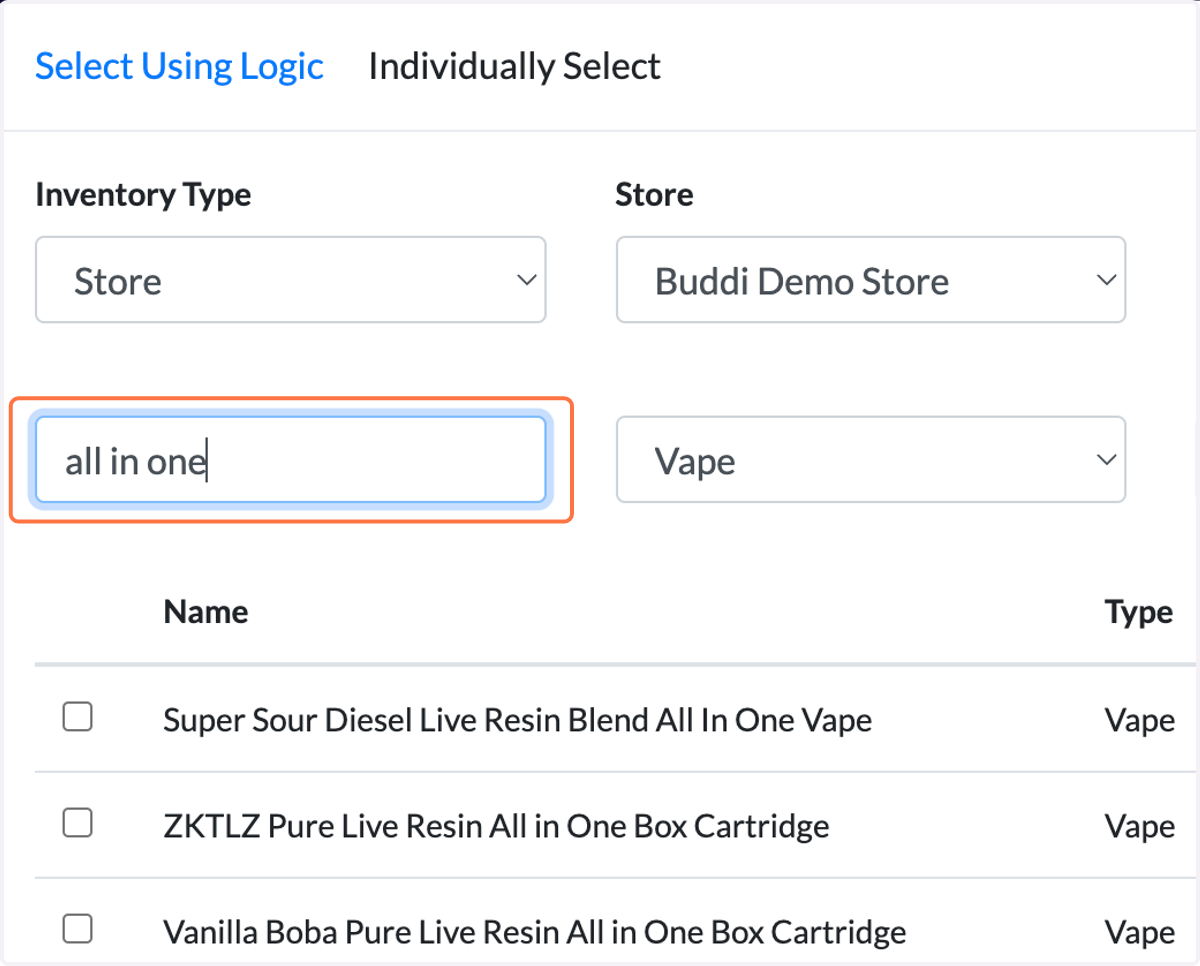 Repeat the same Name search process for the remaining keywords; one-by-one within the same screen. Type in the next keyword: "all in one". Hit 'Enter'.