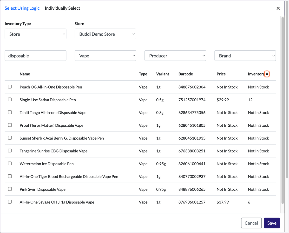 This will bring up all products containing the word, "disposable". You'll notice that some are 'Not in Stock'. To sort In Stock products to the top, click on the two arrows icon (beside 'Inventory').