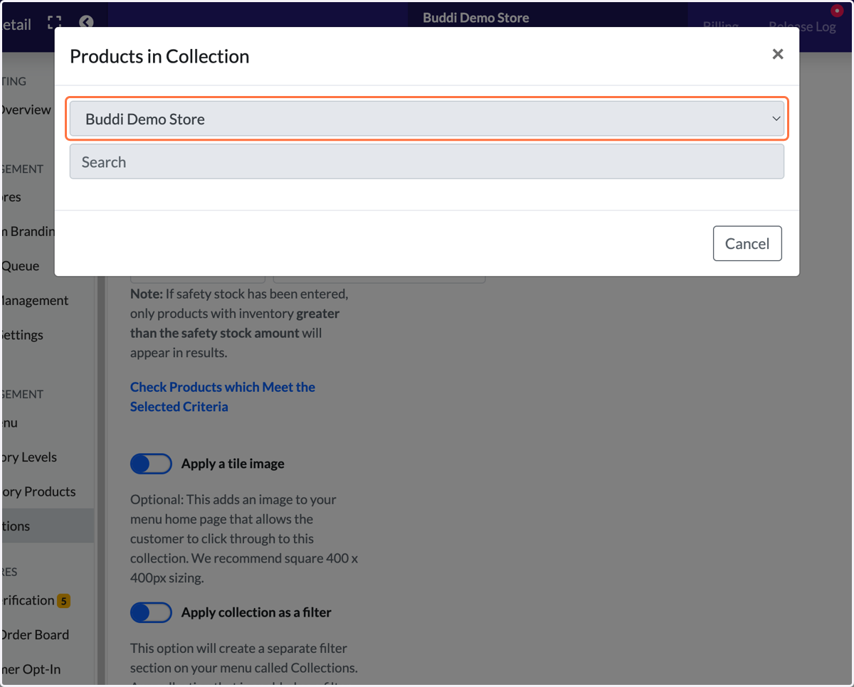 Select the store in the dropdown.