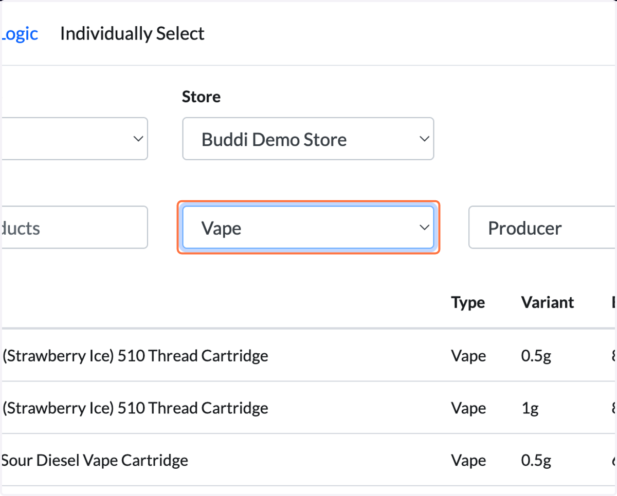 To filter products by category, select 'Vape'.