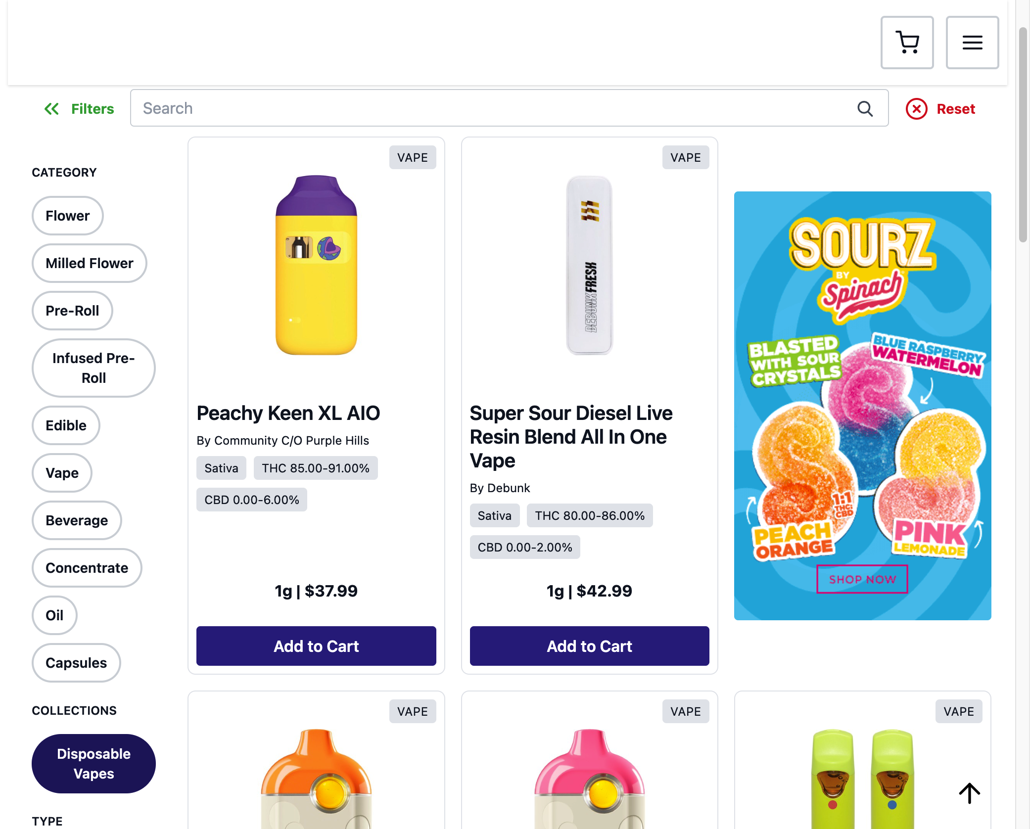 The filter has been activated. Users can browse and add Collection products to cart.