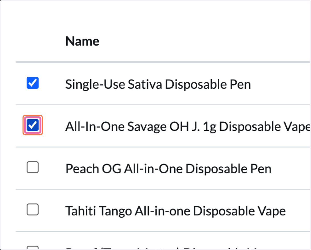 Check each applicable product ("disposable" and In Stock).